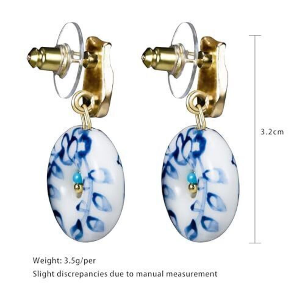 5905 Blue And White Porcelain Drop Earrings Gold Plated Hypoallergenic - Picture 4 of 5